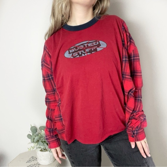 Reworked Red Vintage Dave Matthews Band Ringer Flannel Top - Picture 1 of 8